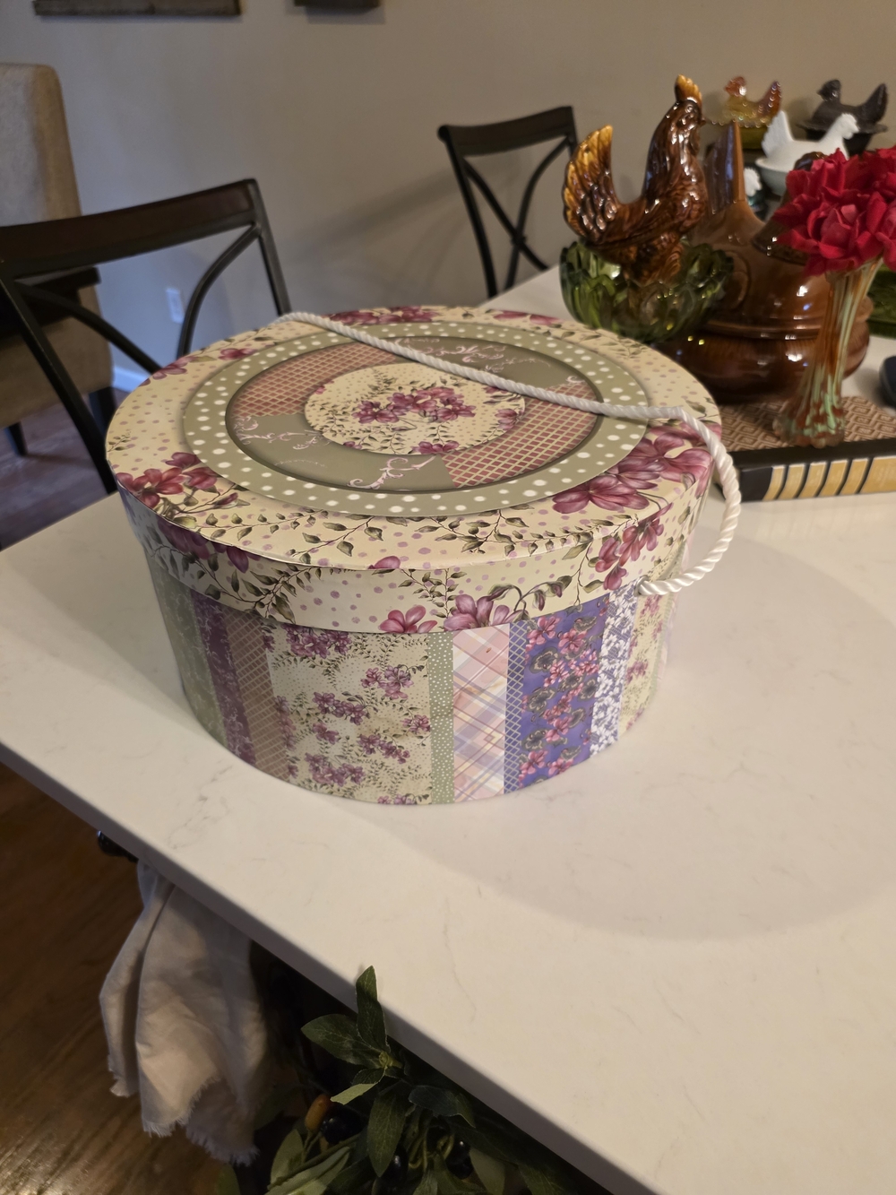 Round Floral Pattern Hat Box - Purple & Green